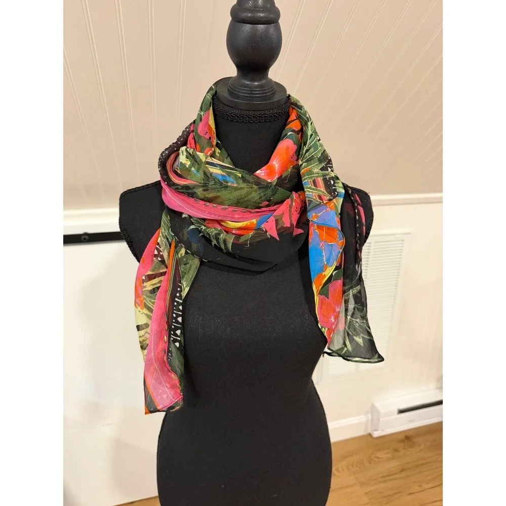 Tropical Floral Hibiscus Monstera Print Lightweight Scarf Wrap Black Multi